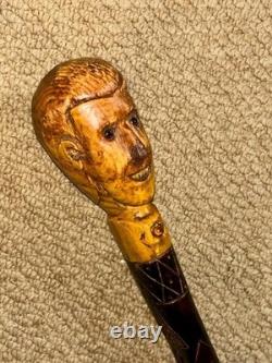 Antique Rustic Walking Stick Cane Hand-Carved Mans Head Top & Patterned Shaft