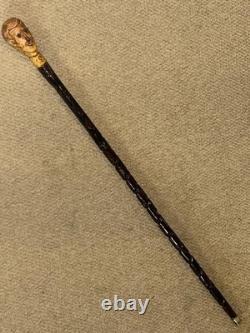 Antique Rustic Walking Stick Cane Hand-Carved Mans Head Top & Patterned Shaft