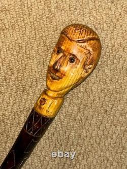 Antique Rustic Walking Stick Cane Hand-Carved Mans Head Top & Patterned Shaft