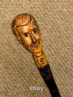 Antique Rustic Walking Stick Cane Hand-Carved Mans Head Top & Patterned Shaft