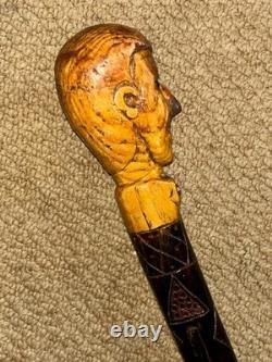 Antique Rustic Walking Stick Cane Hand-Carved Mans Head Top & Patterned Shaft