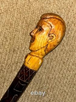 Antique Rustic Walking Stick Cane Hand-Carved Mans Head Top & Patterned Shaft