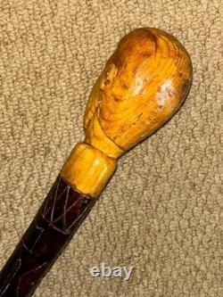 Antique Rustic Walking Stick Cane Hand-Carved Mans Head Top & Patterned Shaft