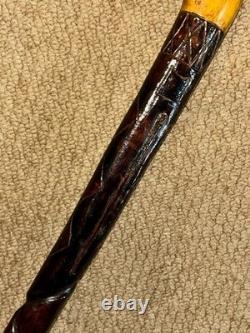 Antique Rustic Walking Stick Cane Hand-Carved Mans Head Top & Patterned Shaft