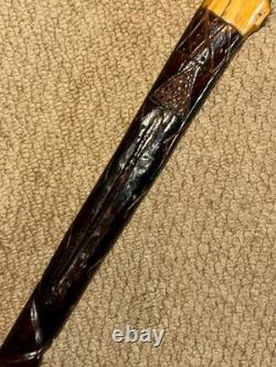 Antique Rustic Walking Stick Cane Hand-Carved Mans Head Top & Patterned Shaft