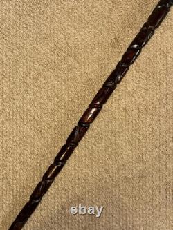 Antique Rustic Walking Stick Cane Hand-Carved Mans Head Top & Patterned Shaft