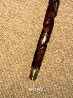 Antique Rustic Walking Stick Cane Hand-Carved Mans Head Top & Patterned Shaft