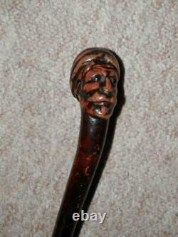 Antique Rustic Walking Stick/Cane Hand-Carved Sikh Man Top With Glass Eyes -87cm
