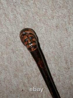 Antique Rustic Walking Stick/Cane Hand-Carved Sikh Man Top With Glass Eyes -87cm