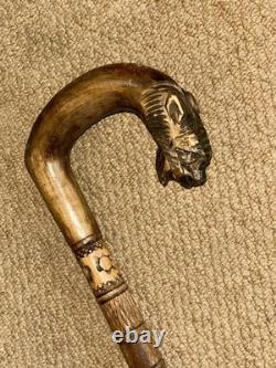 Antique Rustic Walking Stick Cane Hand-Carved Tiger Head Handle & Floral Shaft
