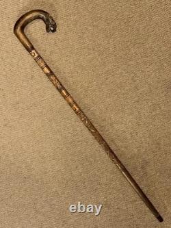 Antique Rustic Walking Stick Cane Hand-Carved Tiger Head Handle & Floral Shaft