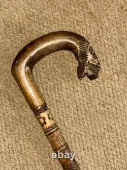 Antique Rustic Walking Stick Cane Hand-Carved Tiger Head Handle & Floral Shaft