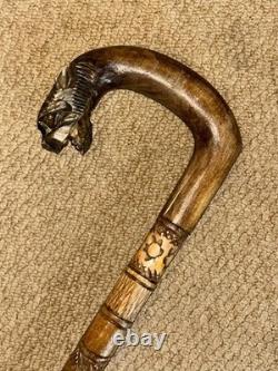 Antique Rustic Walking Stick Cane Hand-Carved Tiger Head Handle & Floral Shaft