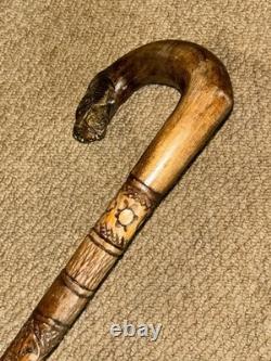 Antique Rustic Walking Stick Cane Hand-Carved Tiger Head Handle & Floral Shaft