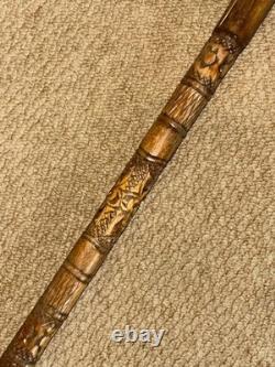Antique Rustic Walking Stick Cane Hand-Carved Tiger Head Handle & Floral Shaft