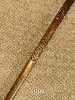 Antique Rustic Walking Stick Cane Hand-Carved Tiger Head Handle & Floral Shaft
