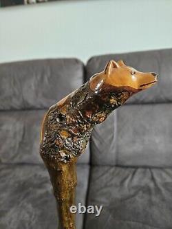 Antique Rustic Walking Stick Hand-Carved- Fox Head At Top