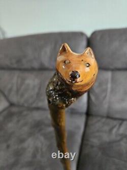 Antique Rustic Walking Stick Hand-Carved- Fox Head At Top