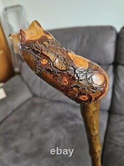 Antique Rustic Walking Stick Hand-Carved- Fox Head At Top