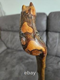 Antique Rustic Walking Stick Hand-Carved- Fox Head At Top