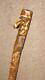 Antique Rustic Walking Stick Hand-Carved Ivy Leaves & Glass Eyed Man Head Top