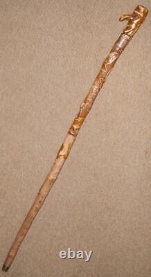 Antique Rustic Walking Stick Hand-Carved Ivy Leaves & Glass Eyed Man Head Top