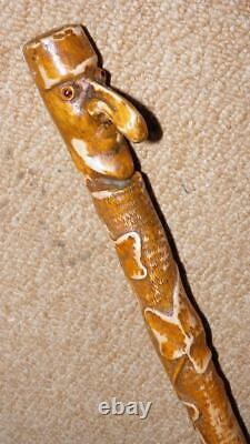 Antique Rustic Walking Stick Hand-Carved Ivy Leaves & Glass Eyed Man Head Top