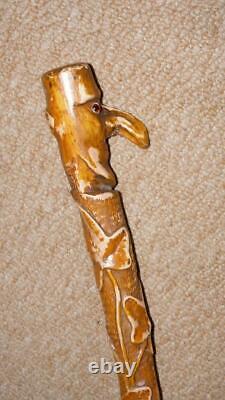 Antique Rustic Walking Stick Hand-Carved Ivy Leaves & Glass Eyed Man Head Top