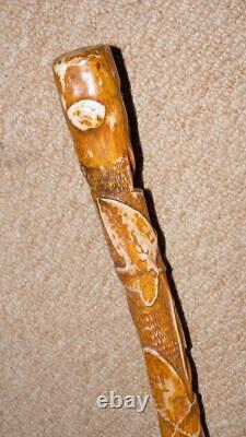 Antique Rustic Walking Stick Hand-Carved Ivy Leaves & Glass Eyed Man Head Top