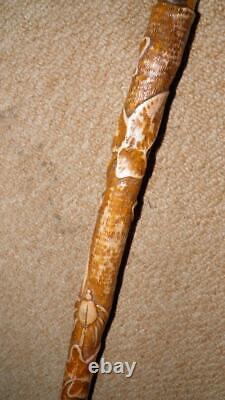 Antique Rustic Walking Stick Hand-Carved Ivy Leaves & Glass Eyed Man Head Top