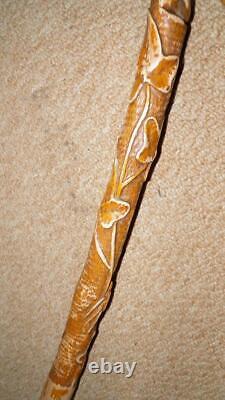 Antique Rustic Walking Stick Hand-Carved Ivy Leaves & Glass Eyed Man Head Top