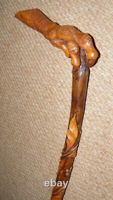 Antique Rustic Walking Stick Hand-Carved Leaves & Berries & Bird Talon Handle