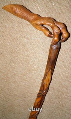 Antique Rustic Walking Stick Hand-Carved Leaves & Berries & Bird Talon Handle