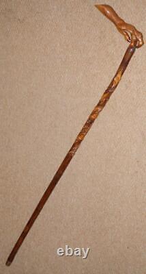 Antique Rustic Walking Stick Hand-Carved Leaves & Berries & Bird Talon Handle