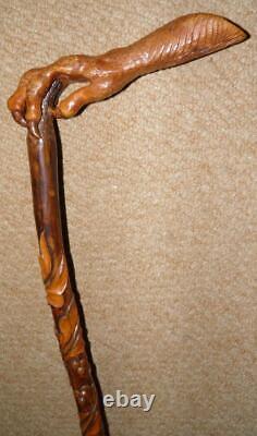 Antique Rustic Walking Stick Hand-Carved Leaves & Berries & Bird Talon Handle