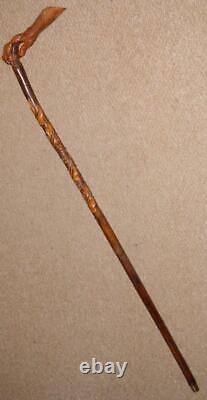 Antique Rustic Walking Stick Hand-Carved Leaves & Berries & Bird Talon Handle