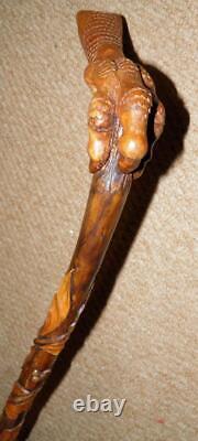 Antique Rustic Walking Stick Hand-Carved Leaves & Berries & Bird Talon Handle