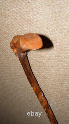 Antique Rustic Walking Stick Hand-Carved Leaves & Berries & Bird Talon Handle