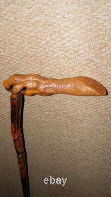 Antique Rustic Walking Stick Hand-Carved Leaves & Berries & Bird Talon Handle