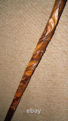 Antique Rustic Walking Stick Hand-Carved Leaves & Berries & Bird Talon Handle