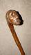 Antique Rustic Walking Stick Hand-Carved Man Head Top Glass Eyes