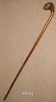 Antique Rustic Walking Stick Hand-Carved Man Head Top Glass Eyes