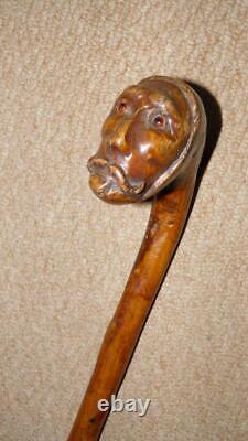 Antique Rustic Walking Stick Hand-Carved Man Head Top Glass Eyes