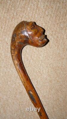 Antique Rustic Walking Stick Hand-Carved Man Head Top Glass Eyes