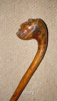 Antique Rustic Walking Stick Hand-Carved Man Head Top Glass Eyes