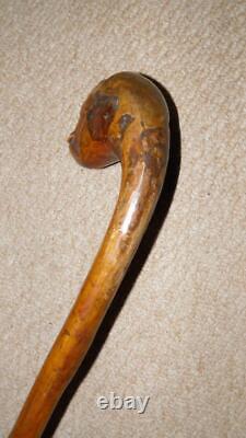 Antique Rustic Walking Stick Hand-Carved Man Head Top Glass Eyes