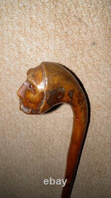 Antique Rustic Walking Stick Hand-Carved Man Head Top Glass Eyes