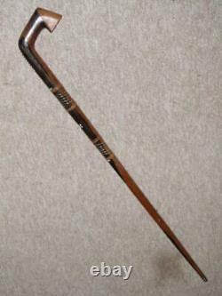 Antique Rustic Walking Stick With Mother of Pearl Inlay & Hand-Carved Shaft 90cm