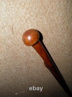 Antique Rustic Walking Stick With Mushroom Top & Hand-Carved Snake Shaft 93.5cm
