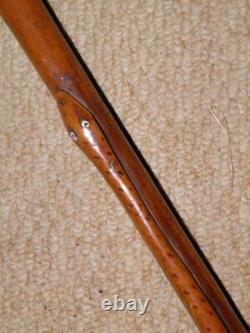 Antique Rustic Walking Stick With Mushroom Top & Hand-Carved Snake Shaft 93.5cm